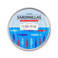 Lata abierta de sardinillas picantes de conservas ferromar en aceite de oliva con una guindilla visible.